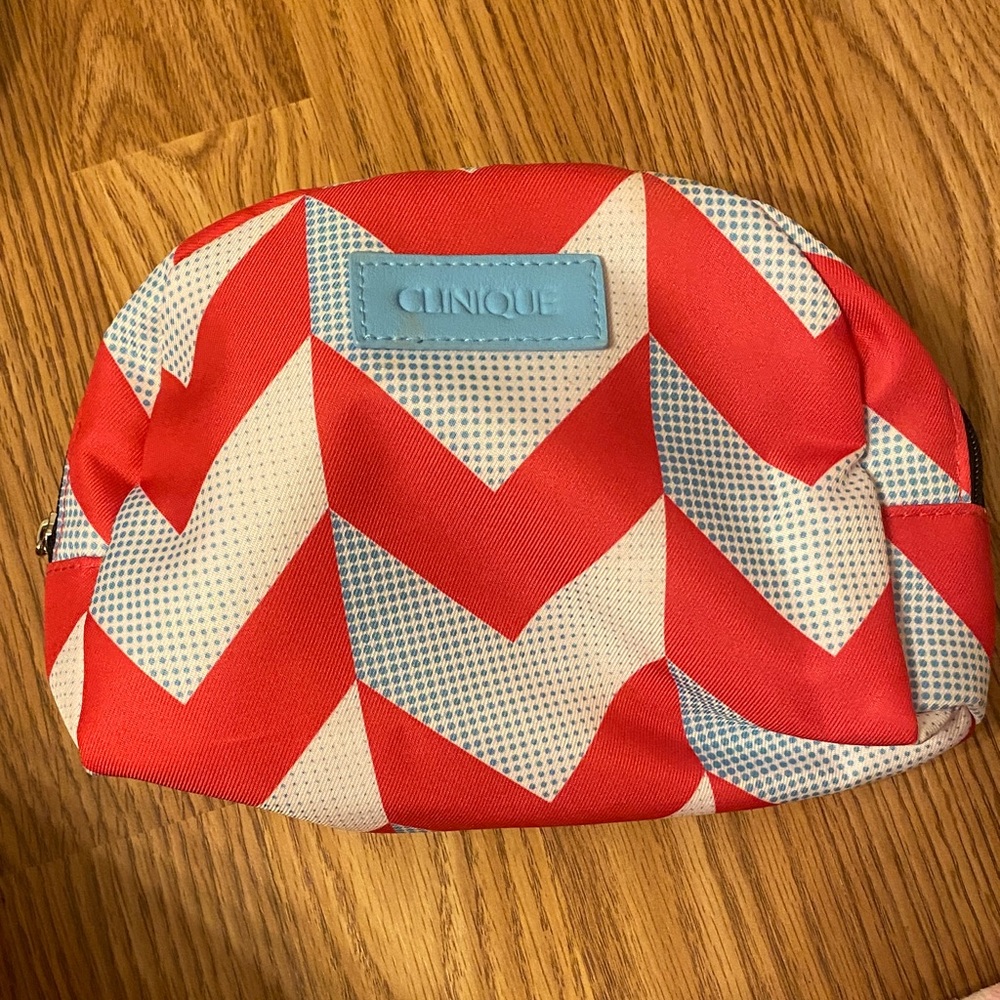 Clinique pink/red and Cream Chevron Cosmetic Bag